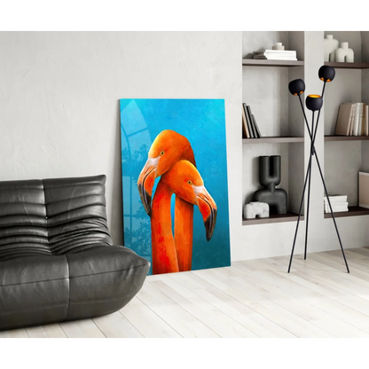 Stunning orange flamingo glass wall art on vibrant blue background