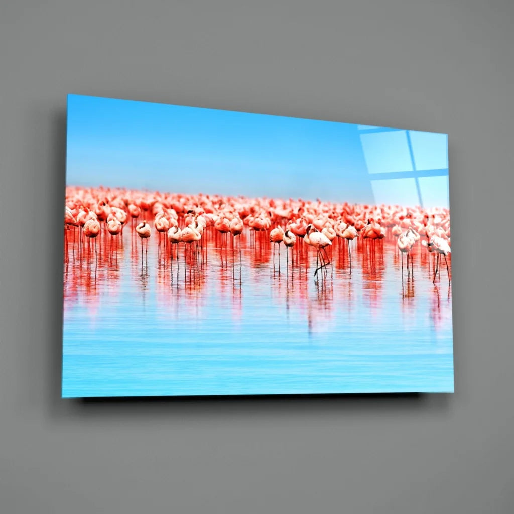 Vibrant pink flamingo flock wall art canvas with blue water reflections