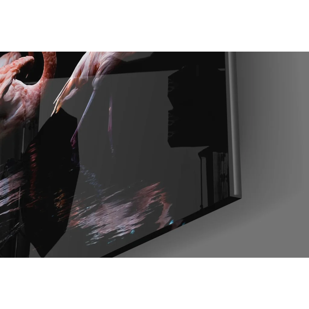 Sleek black-framed TV showing pink red abstract wall art