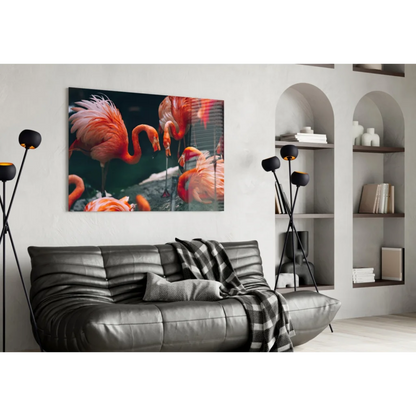 Vibrant pink flamingo canvas wall art print on dark background, black frame