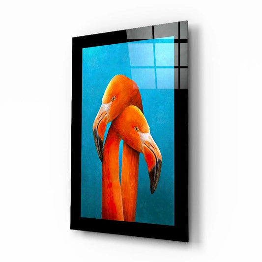 Vibrant orange flamingo glass wall art with gold accents on black frame