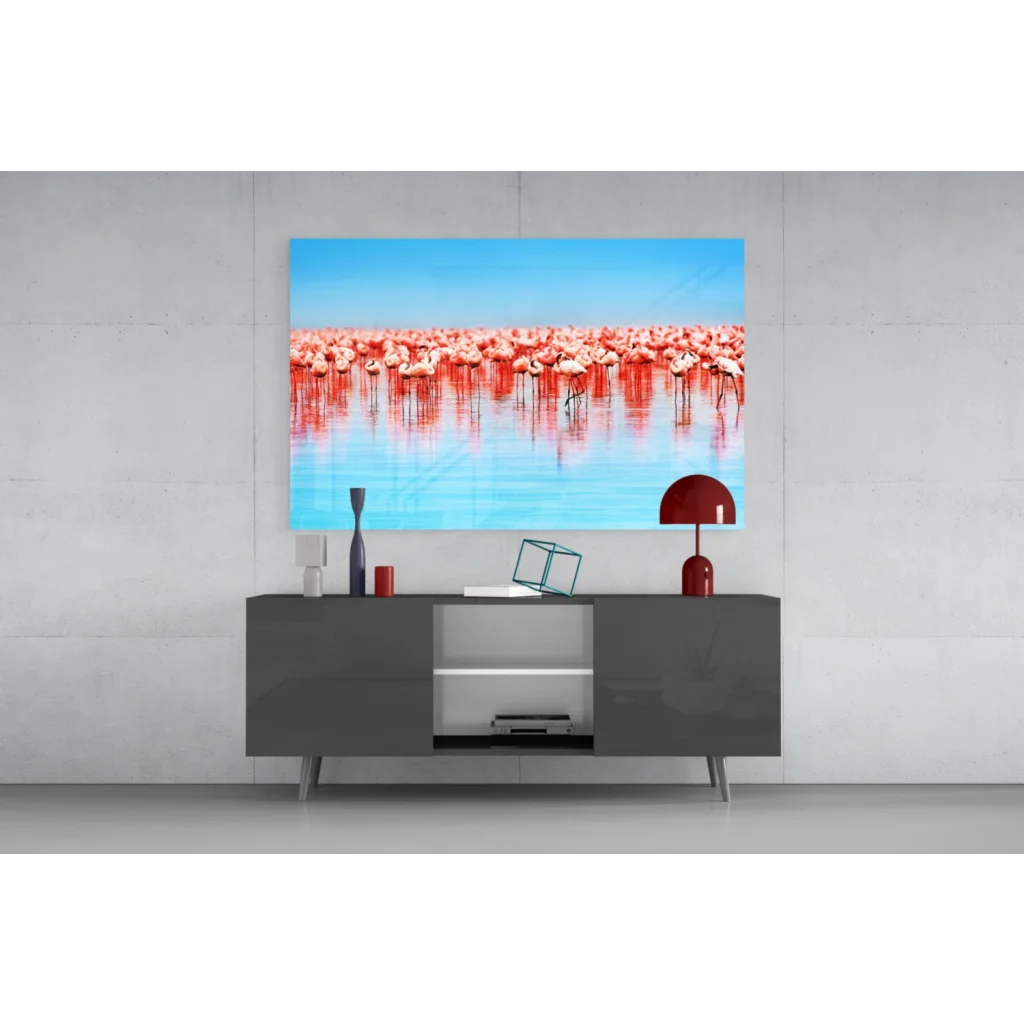 Vibrant pink flamingo flock wall art canvas with blue water reflections