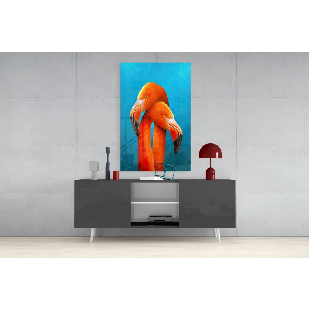 Stunning orange flamingo glass wall art on vibrant blue background