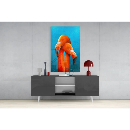 Stunning orange flamingo glass wall art on vibrant blue background