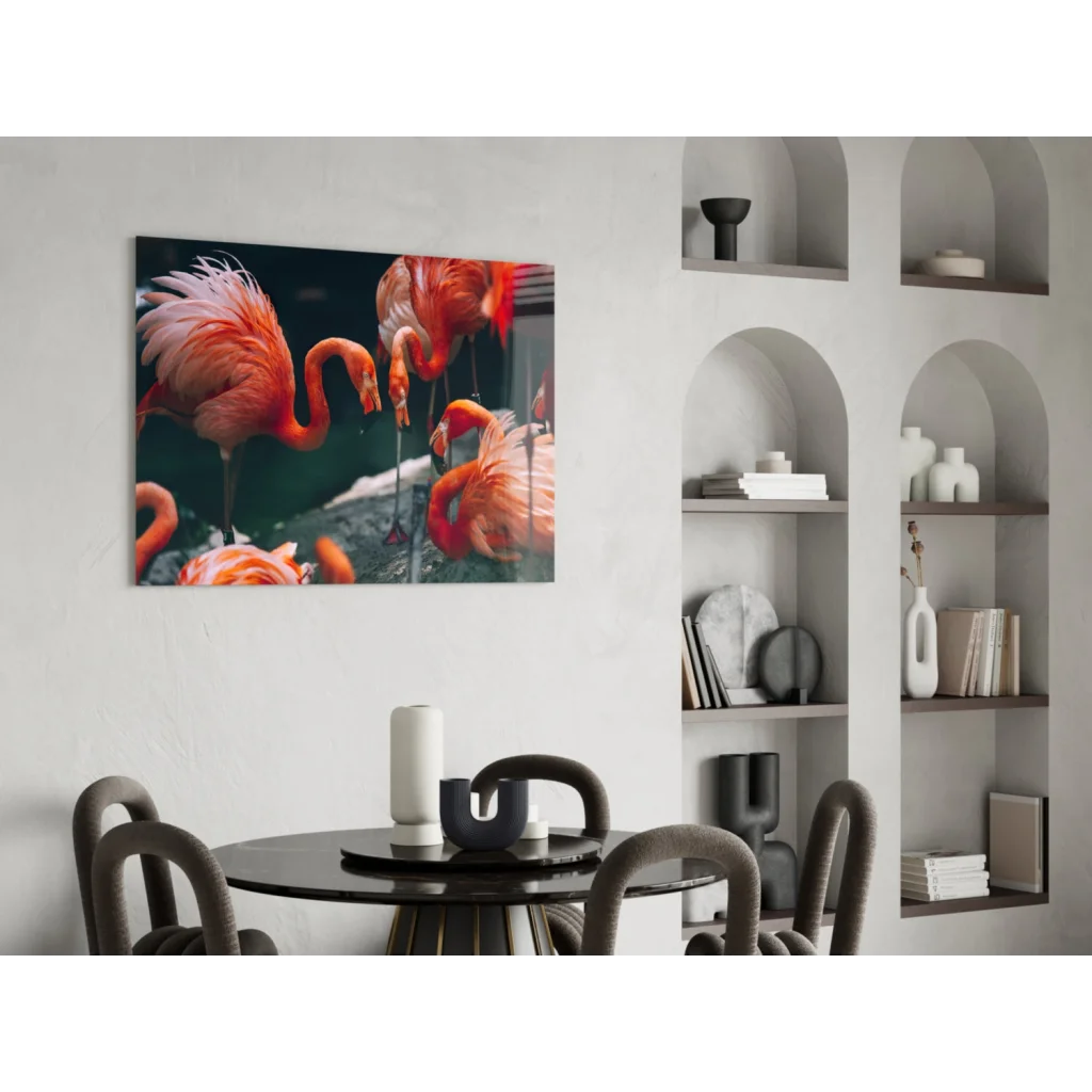 Vibrant orange flamingo canvas wall art print on white wall
