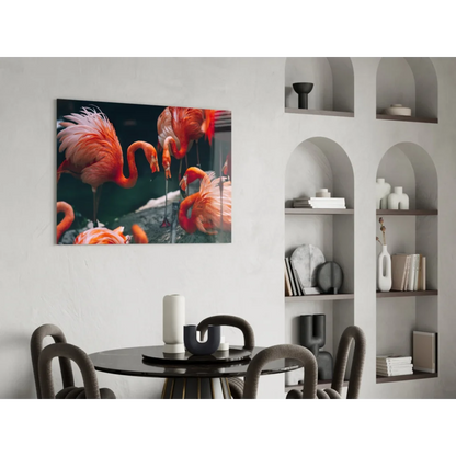Vibrant orange flamingo canvas wall art print on white wall