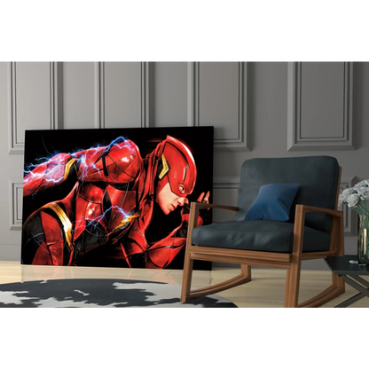 Flash lightning strike glass wall art canvas print with vibrant red gold superhero in motion