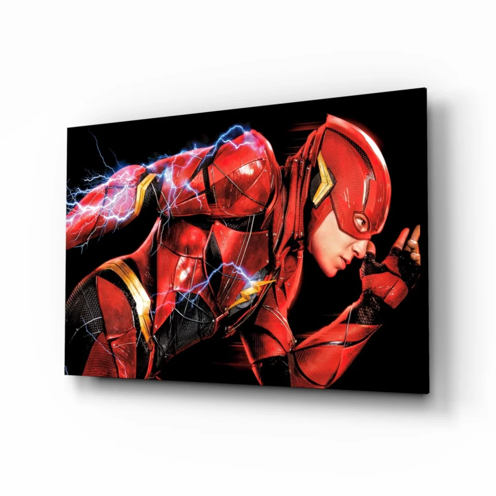 Dynamic Flash superhero in red and black with blue lightning on glass wall art