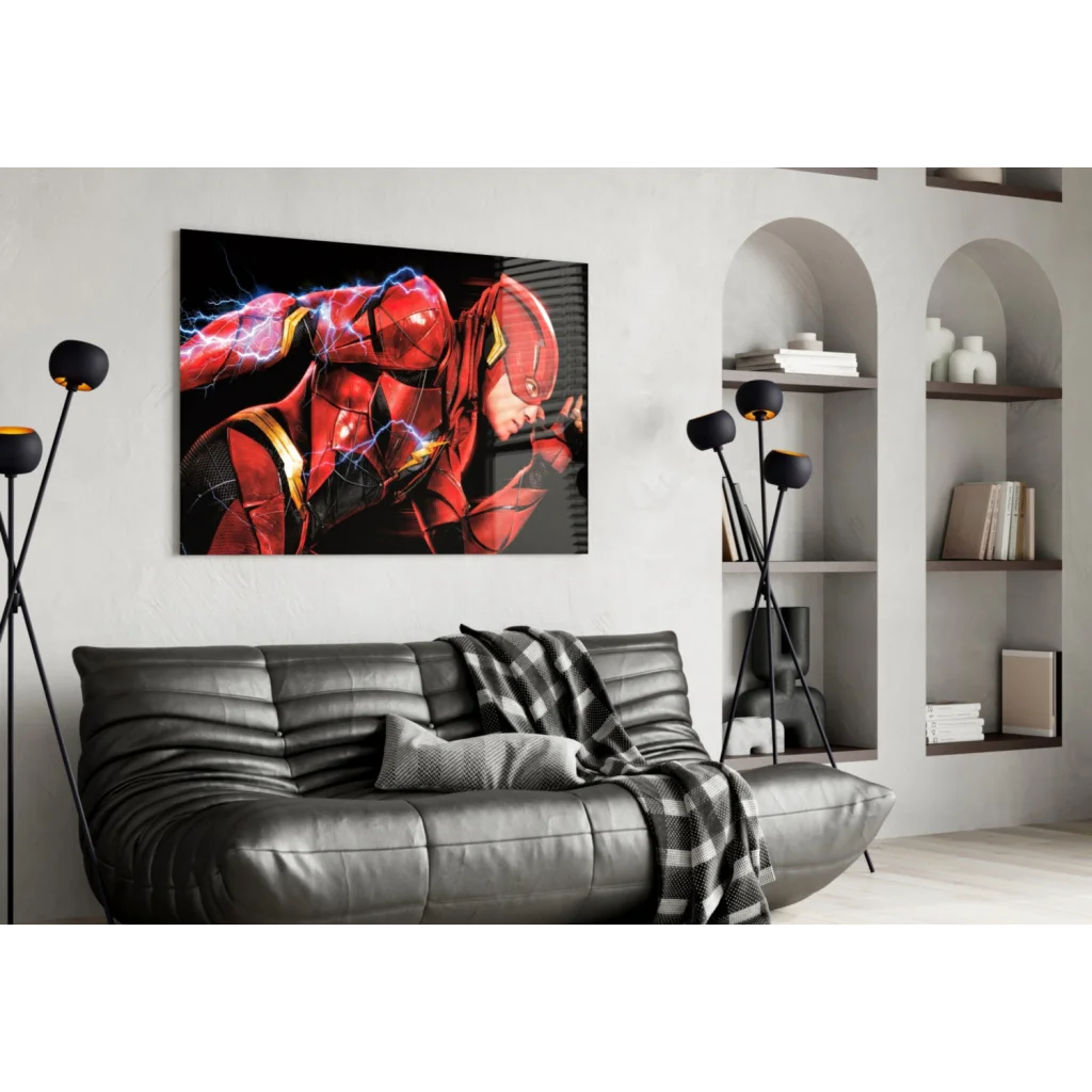 Flash in dynamic red gold pose with blue lightning on glass wall art