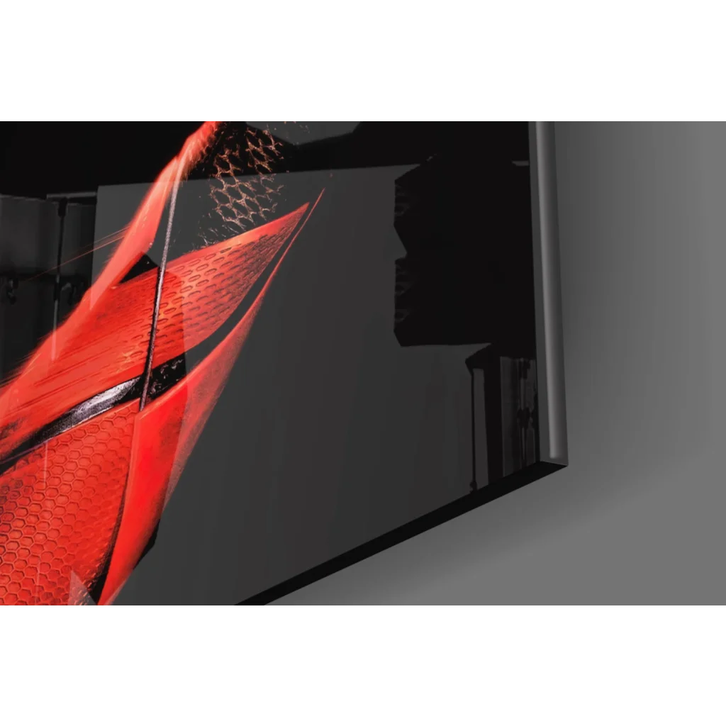 Red textured glass wall art with glossy finish and black accents