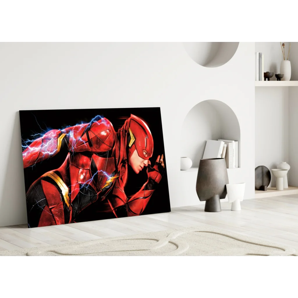 Flash in dynamic red gold pose with blue lightning on glass wall art canvas
