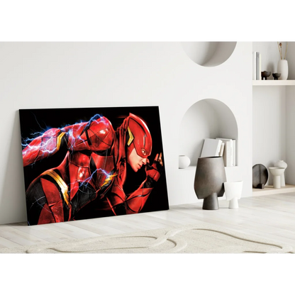 Flash in dynamic red gold pose with blue lightning on glass wall art canvas