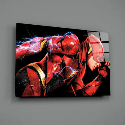 Dynamic Flash superhero in red and yellow with blue lightning on glass wall art