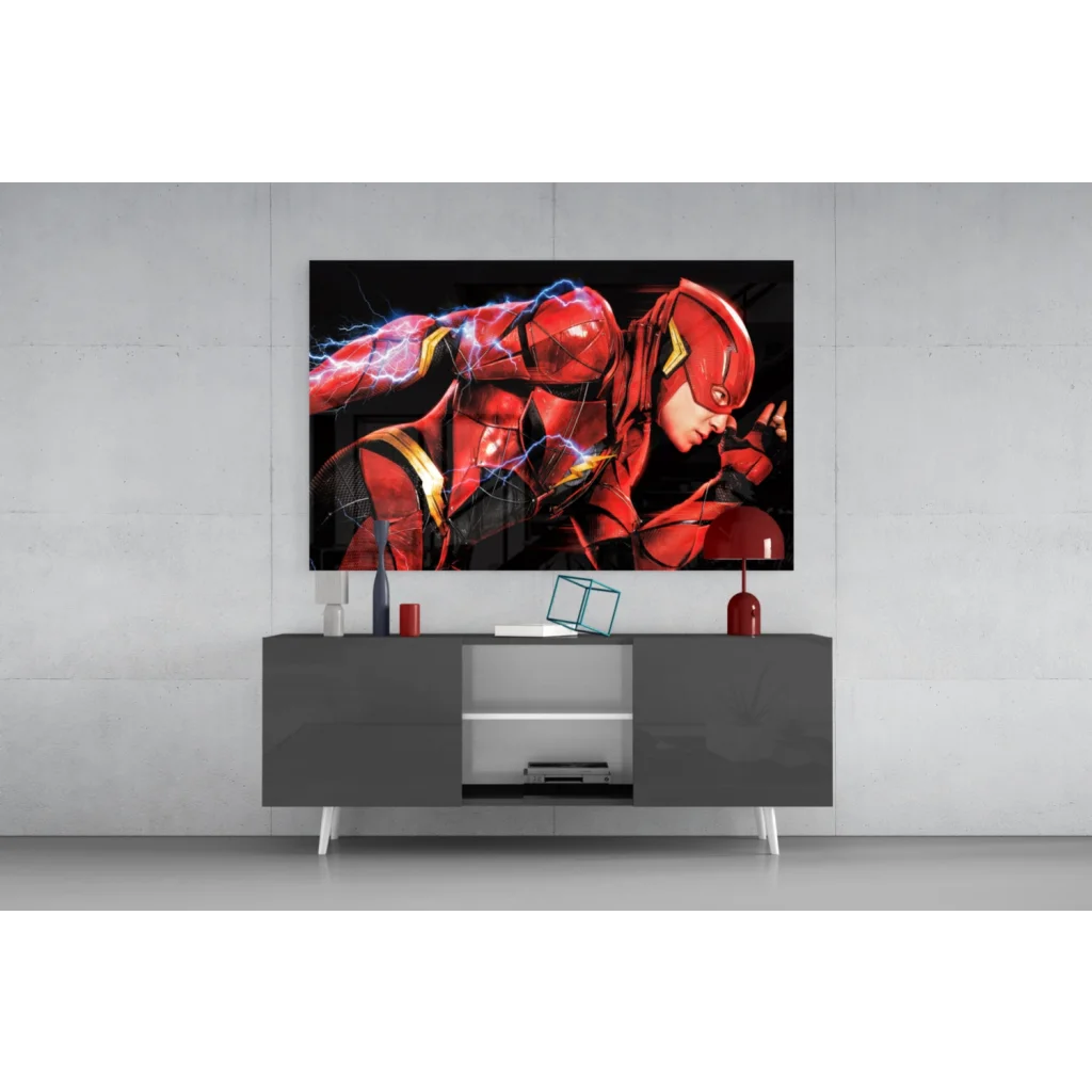 Flash lightning strike glass wall art of vibrant red yellow Flash superhero poster