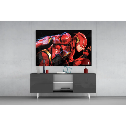 Flash lightning strike glass wall art of vibrant red yellow Flash superhero poster