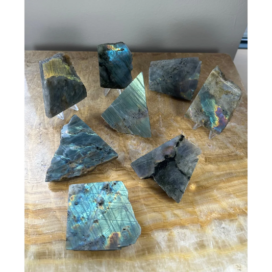 Raw Madagascar labradorite slabs with electric blue green shimmer