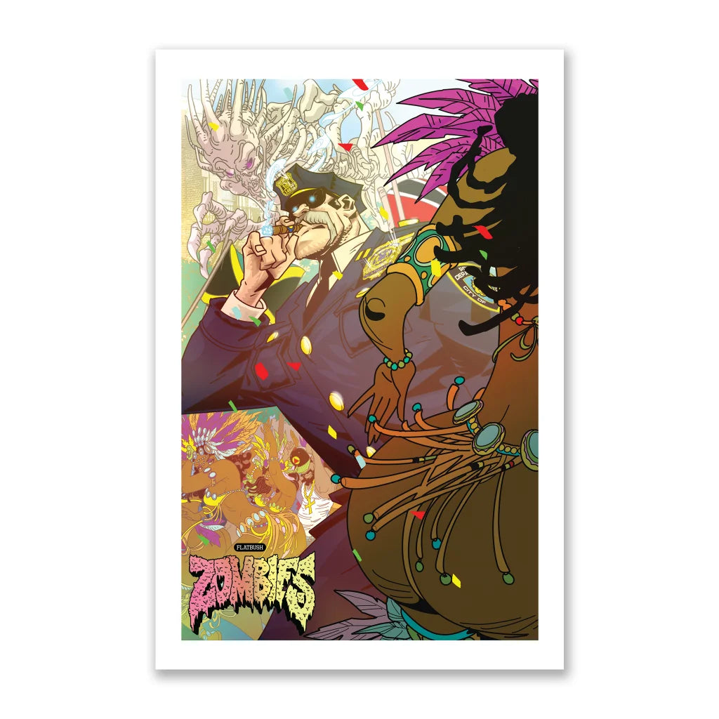 Comic book cover with police man and carnival woman for Flatbush Zombies graphic novel