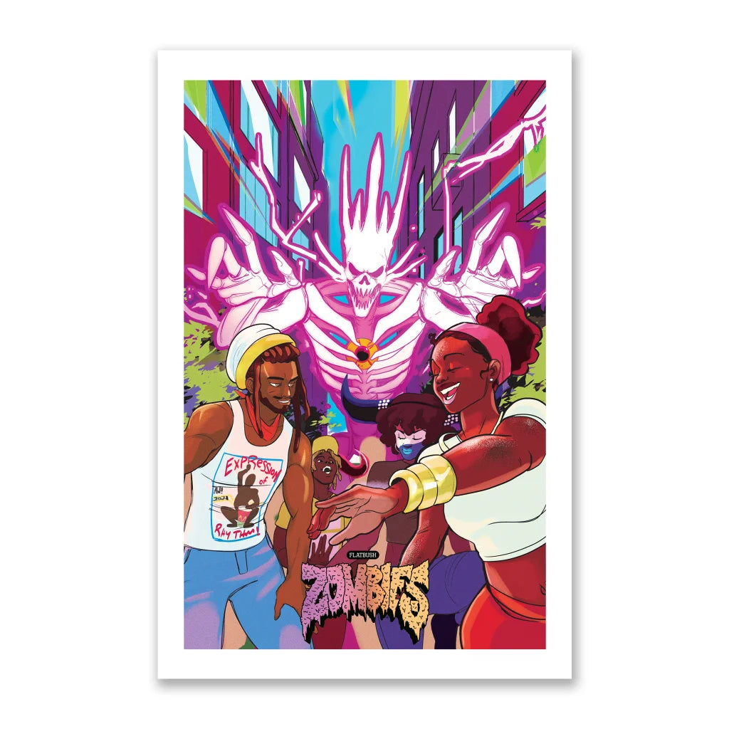 Colorful Flatbush Zombies comic cover with diverse characters and glowing skeletal art