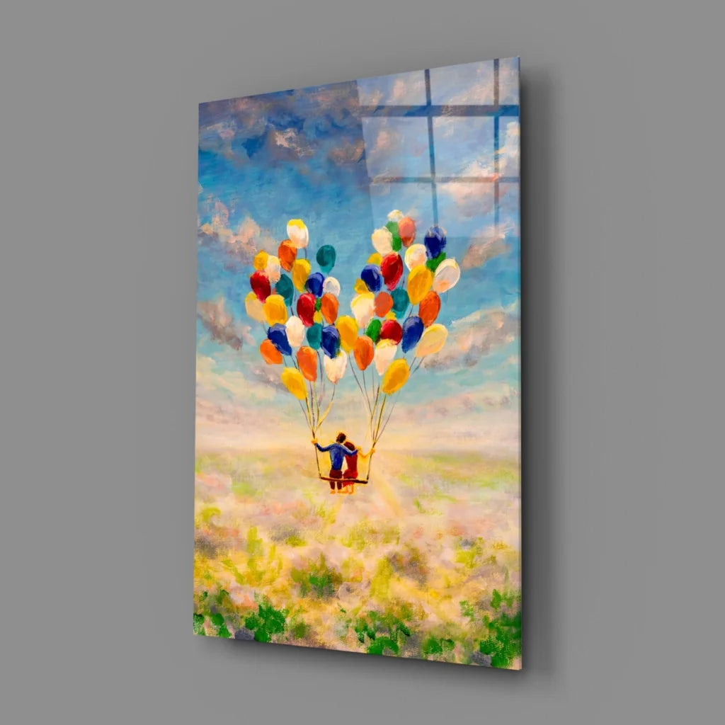 Vibrant floating couple glass wall art with balloons and dreamy sky