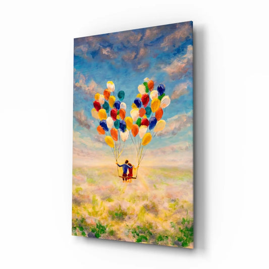 Couple floating in balloon basket on dreamy sky glass wall art