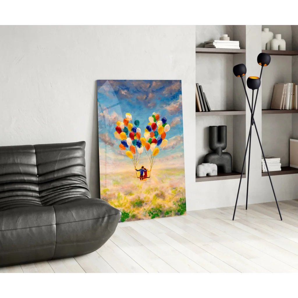 Child floating on swing with balloons in dreamy sky glass wall art