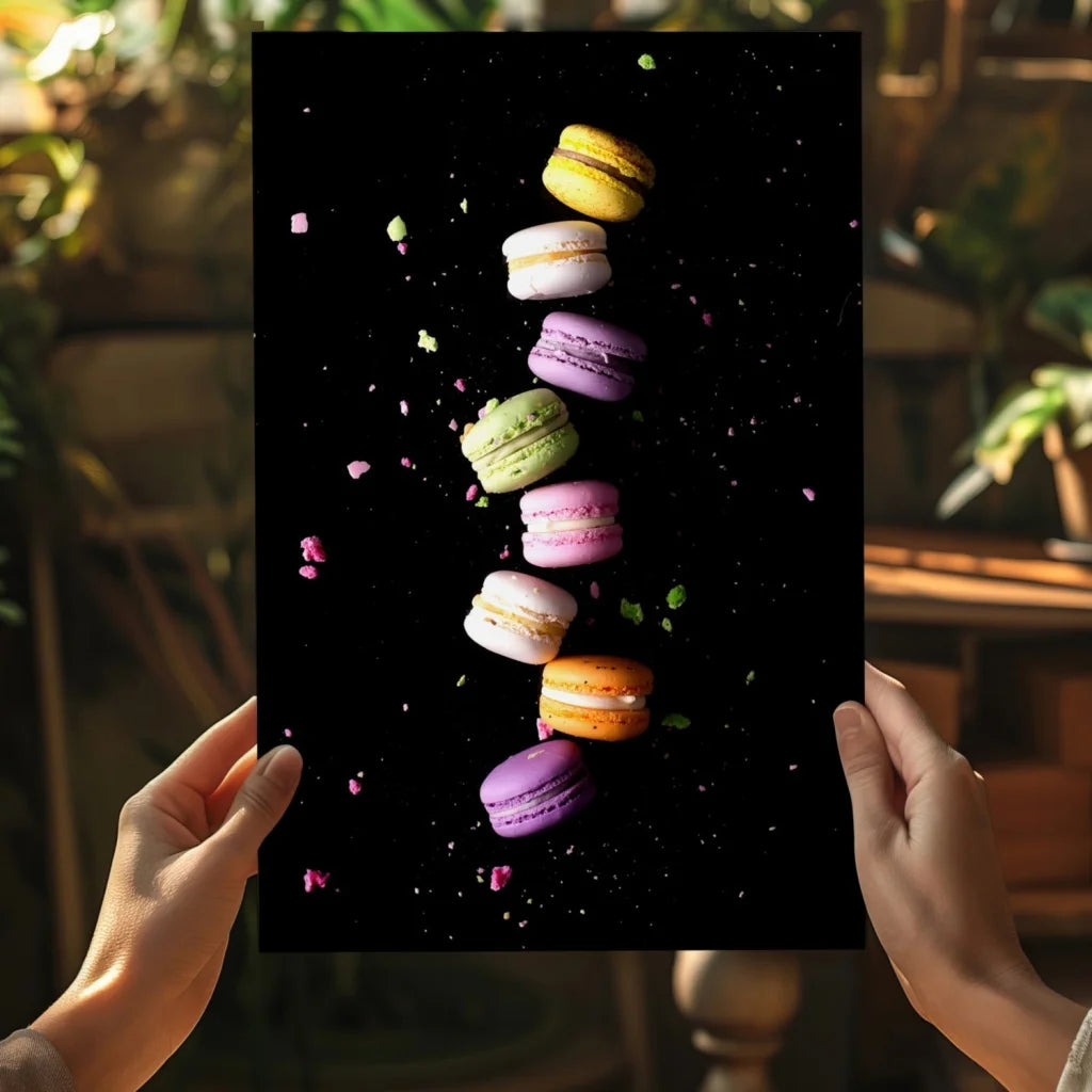 Colorful floating macarons canvas print on black aluminum