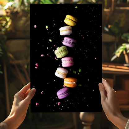 Colorful floating macarons canvas print on black aluminum