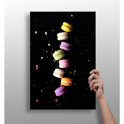 Vibrant vertical canvas print of colorful floating macarons on black aluminum