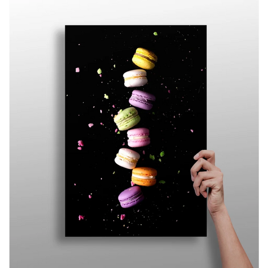 Vibrant vertical canvas print of colorful floating macarons on black aluminum