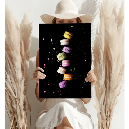 Colorful floating macarons canvas print on sleek black aluminum