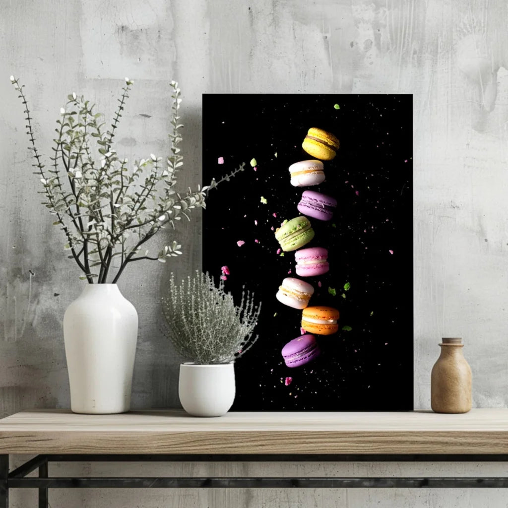 Vibrant floating macarons canvas print on sleek black aluminum