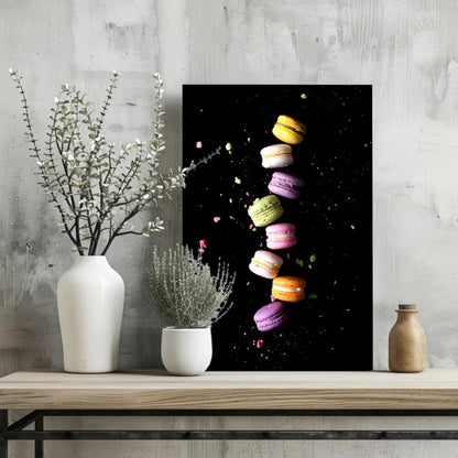 Vibrant floating macarons canvas print on sleek black aluminum