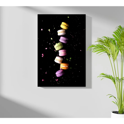 Vibrant vertical cascade of colorful macarons on black aluminum canvas print