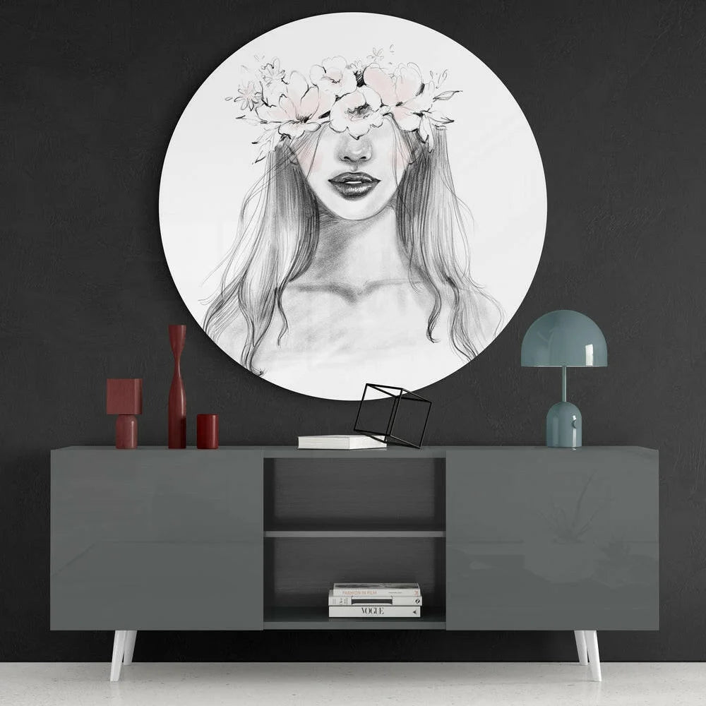 Circular black-and-white floral crown woman sketch on tempered glass art with size comparison