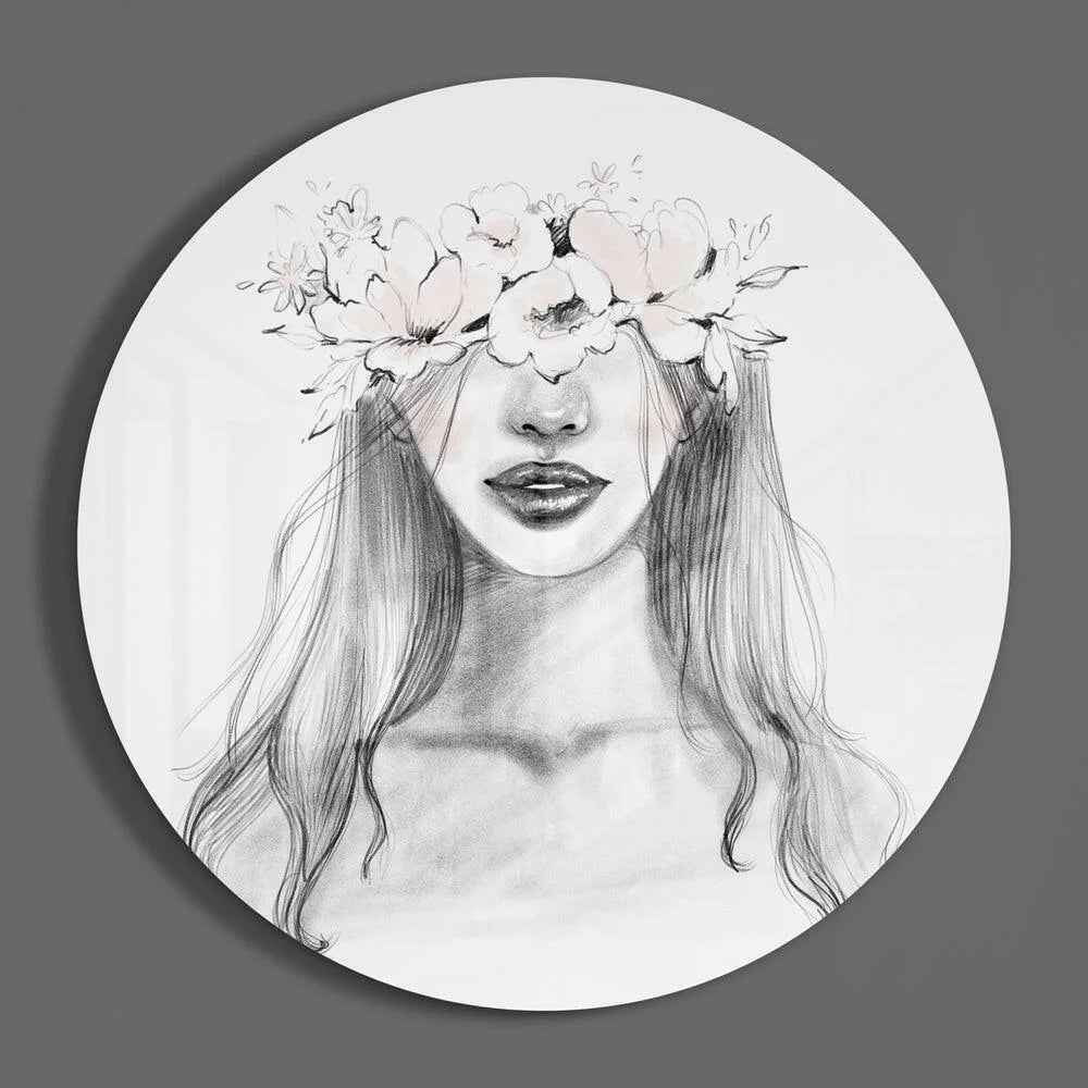 Delicate grayscale pencil sketch woman with floral crown on tempered glass art, size comparison