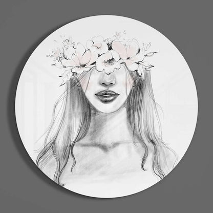 Delicate grayscale pencil sketch woman with floral crown on tempered glass art, size comparison