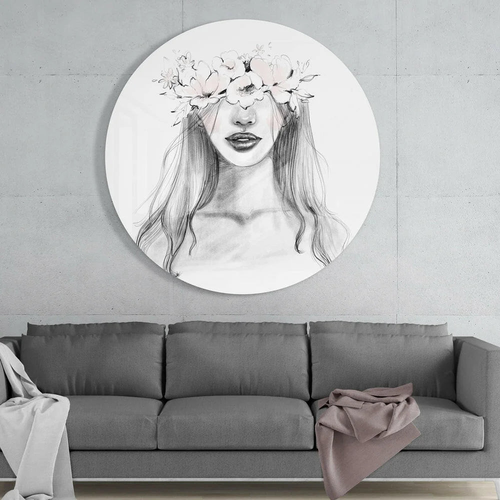 Black and white floral crown woman sketch on tempered glass art with size comparison