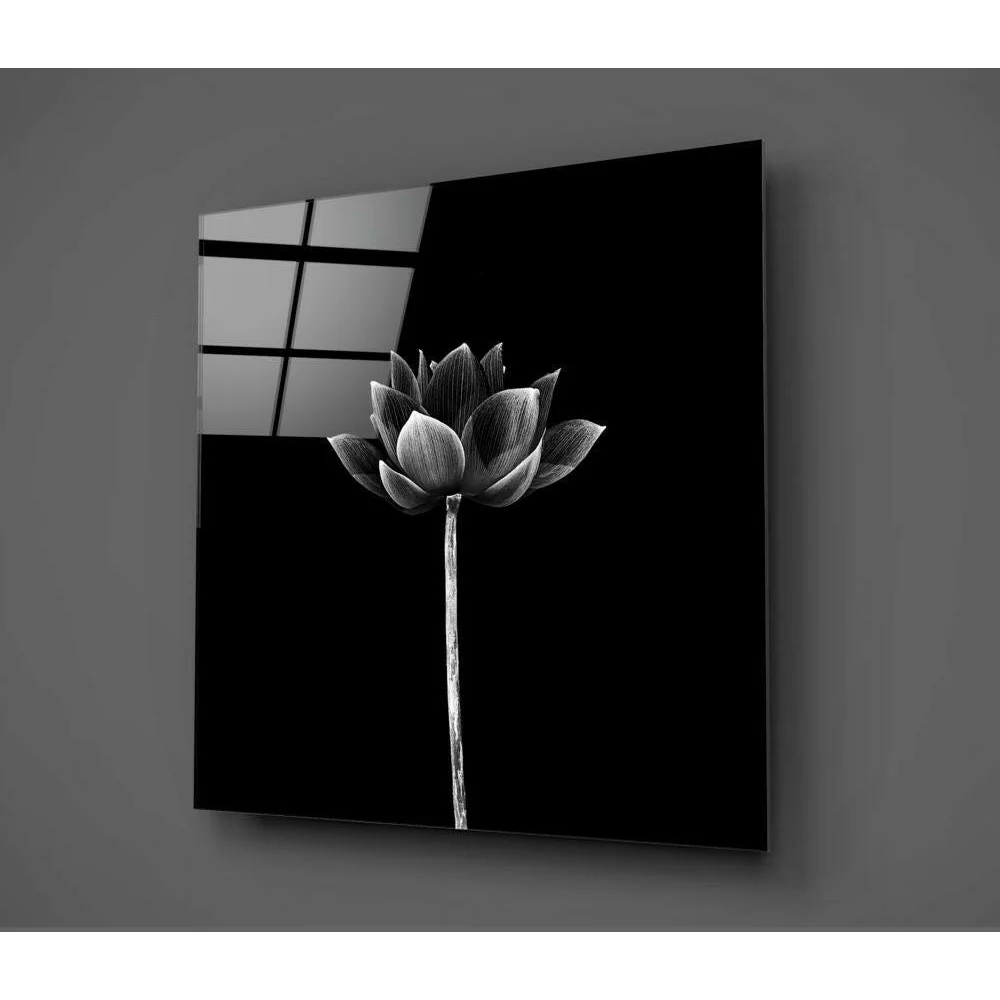 Black and white minimalist lotus glass wall art panel