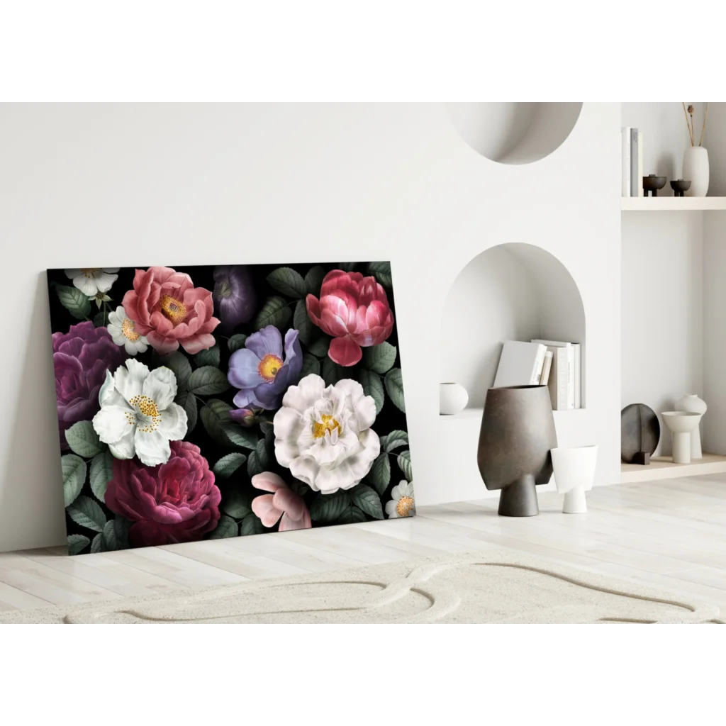 Stunning Floral Glass Wall Art with Bold Pink and Purple Roses | Modern Wall Art Decor | vintageantiquesgifts.com