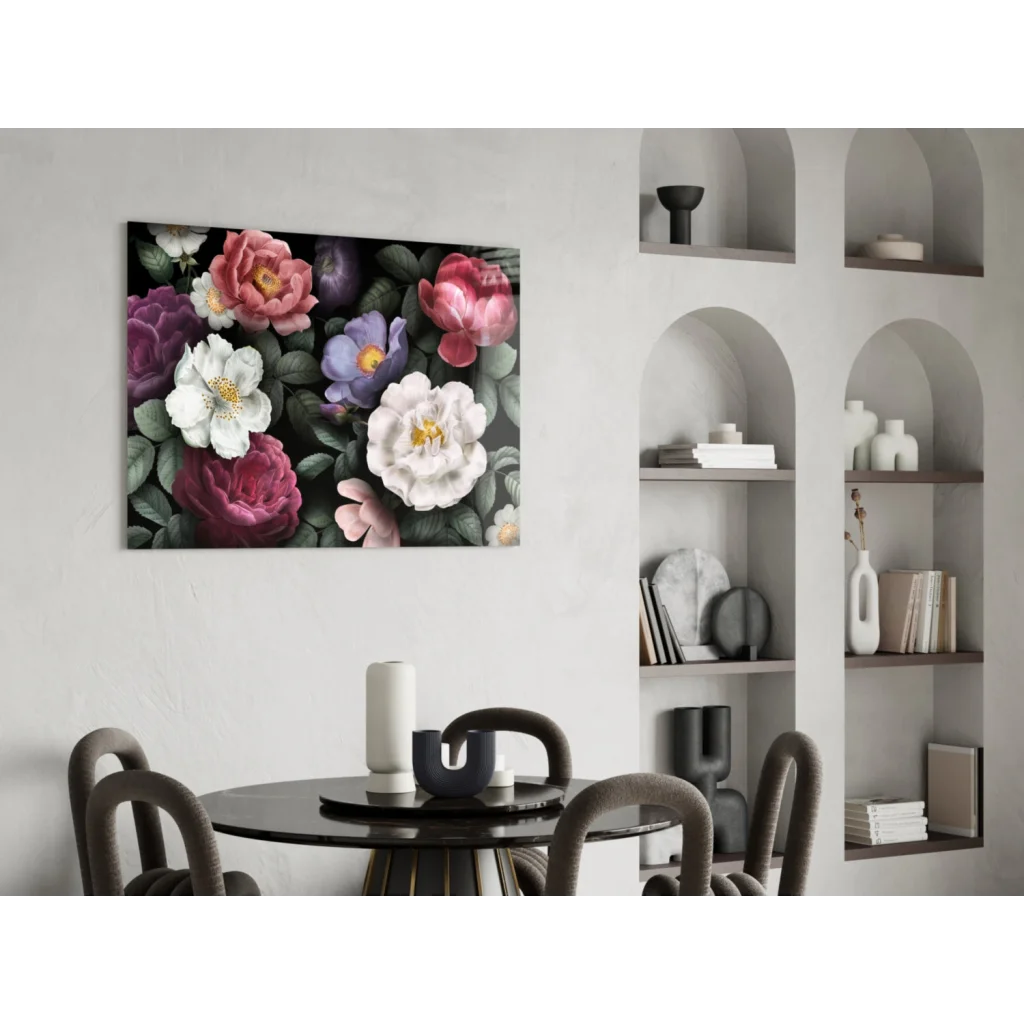 Vibrant pink and purple roses glass wall art on rectangular canvas
