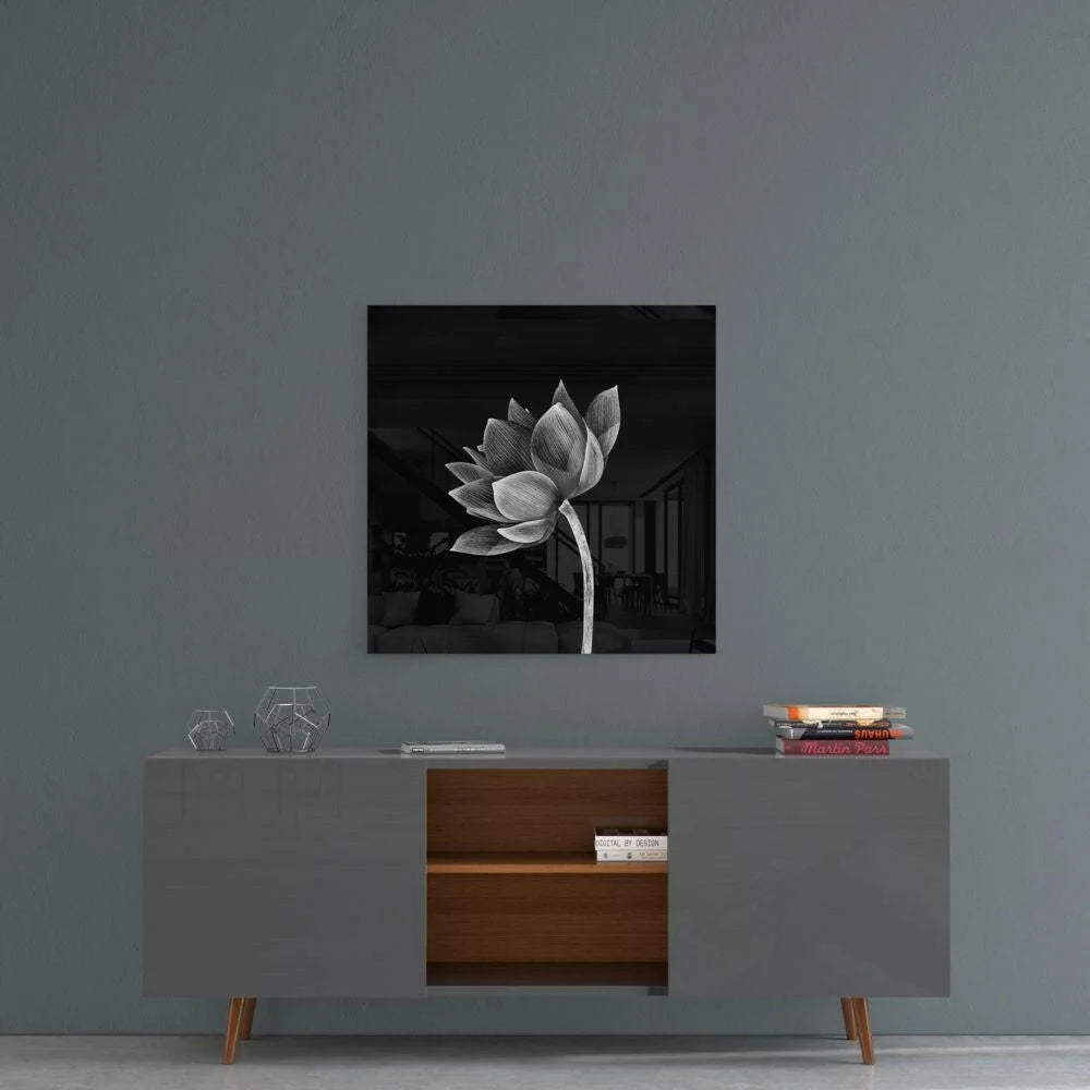 Stunning Lotus Glass Wall Art with Elegant Black Line Details | Contemporary Home Wall Art | vintageantiquesgifts.com