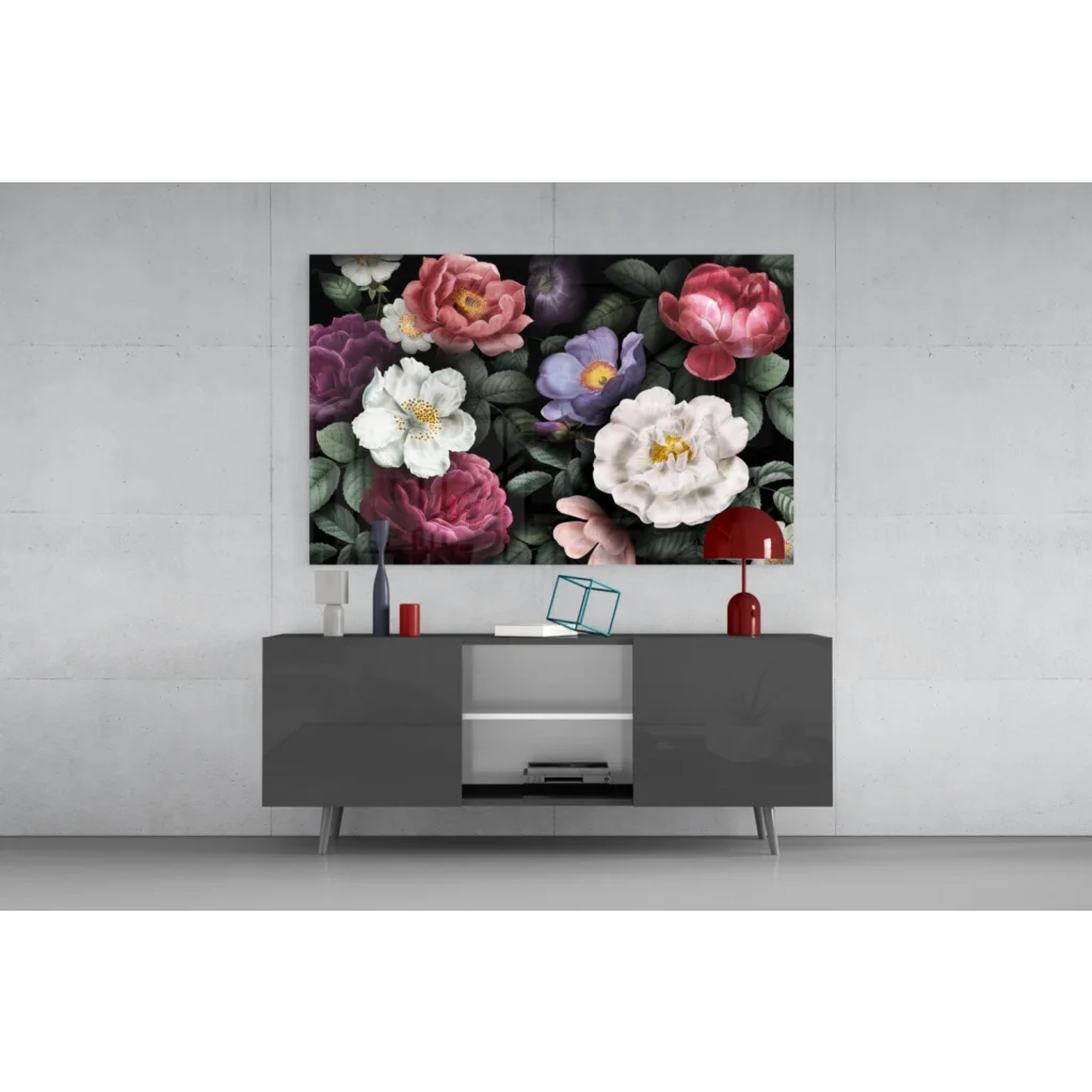 Stunning glass wall art with vibrant pink and purple roses