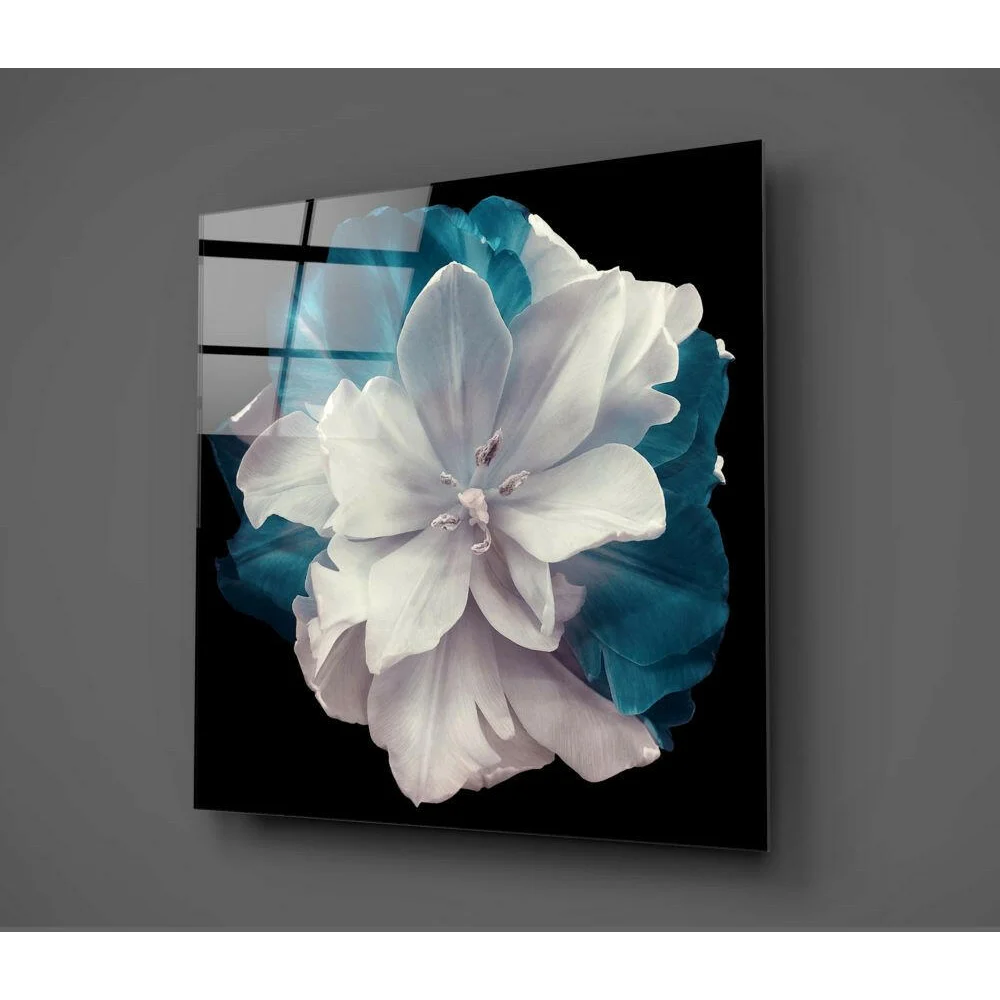 Stunning Teal Flower Glass Wall Art with Layered Petals | Glass Wall Art Print | vintageantiquesgifts.com