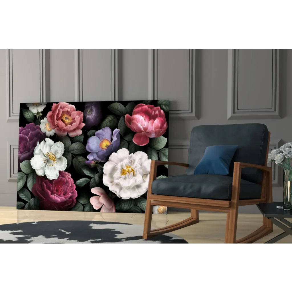 Stunning glass wall art with bold pink and purple roses on dark background