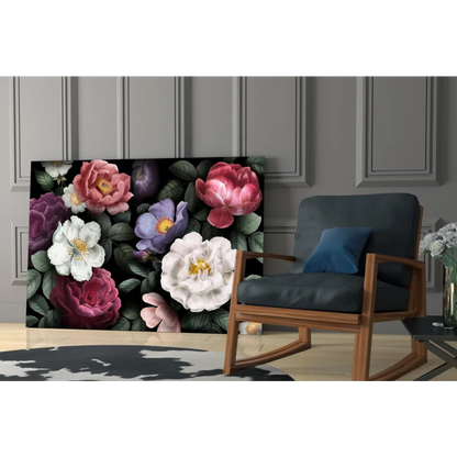 Stunning glass wall art with bold pink and purple roses on dark background