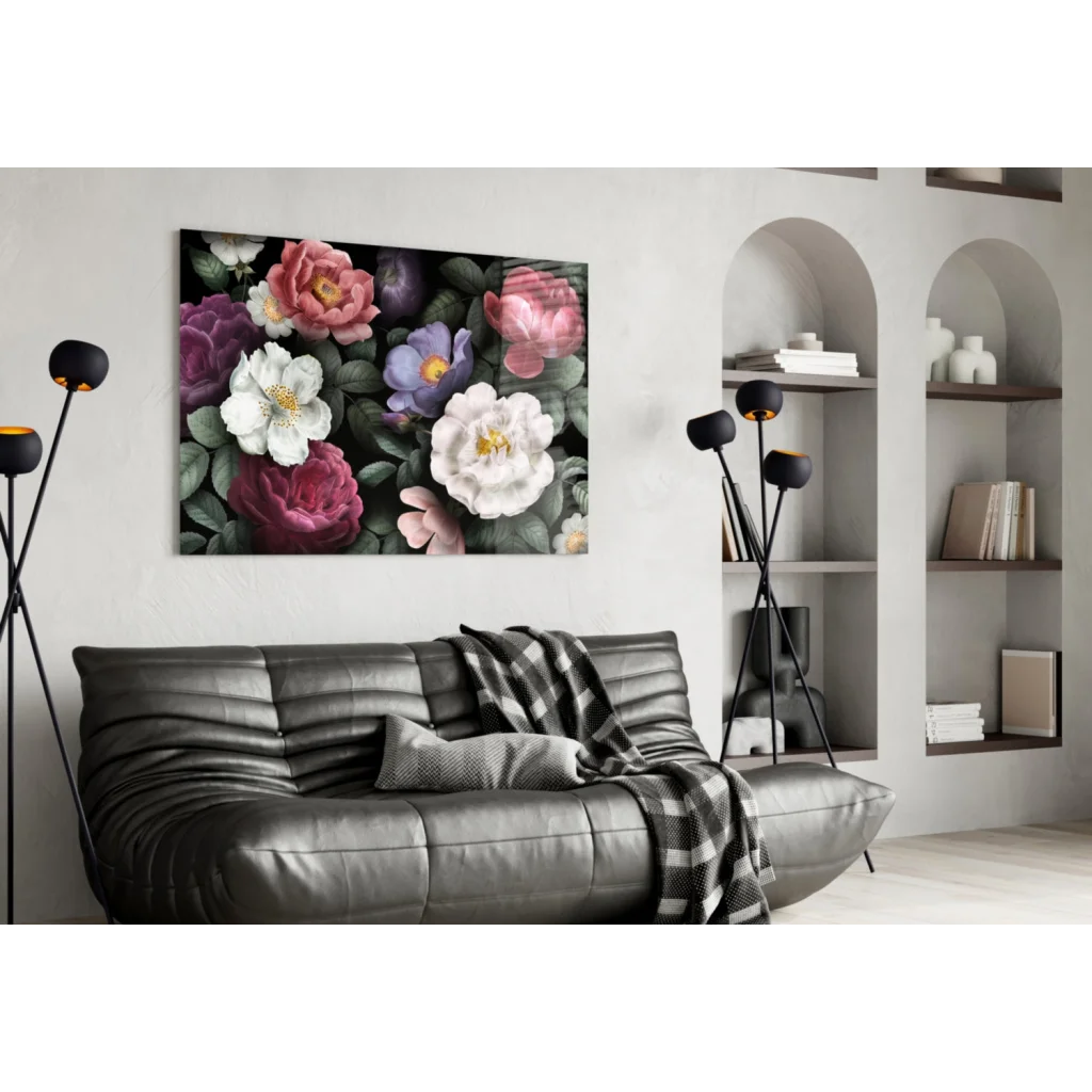 Stunning Floral Glass Wall Art with Bold Pink and Purple Roses | Contemporary Home Wall Art | vintageantiquesgifts.com