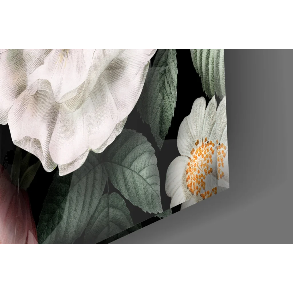 Sleek glass wall art with white flowers and bold roses on dark backdrop