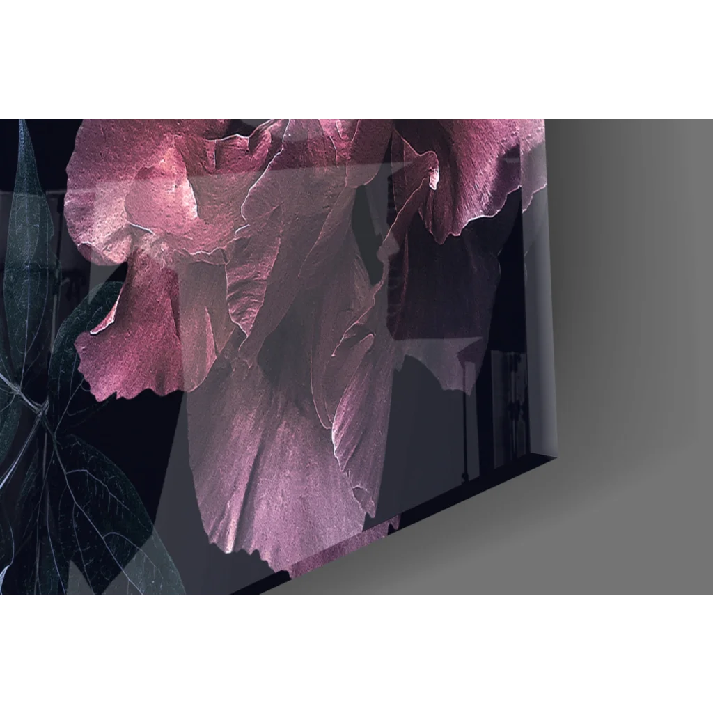 Vibrant magenta floral glass wall art on dark background