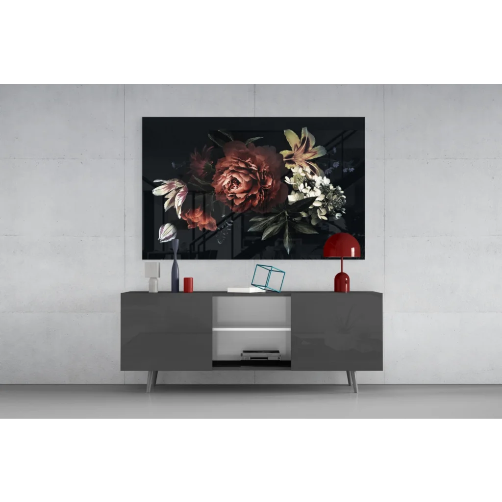 Dramatic black-and-white floral wall art with burgundy peonies above gray console