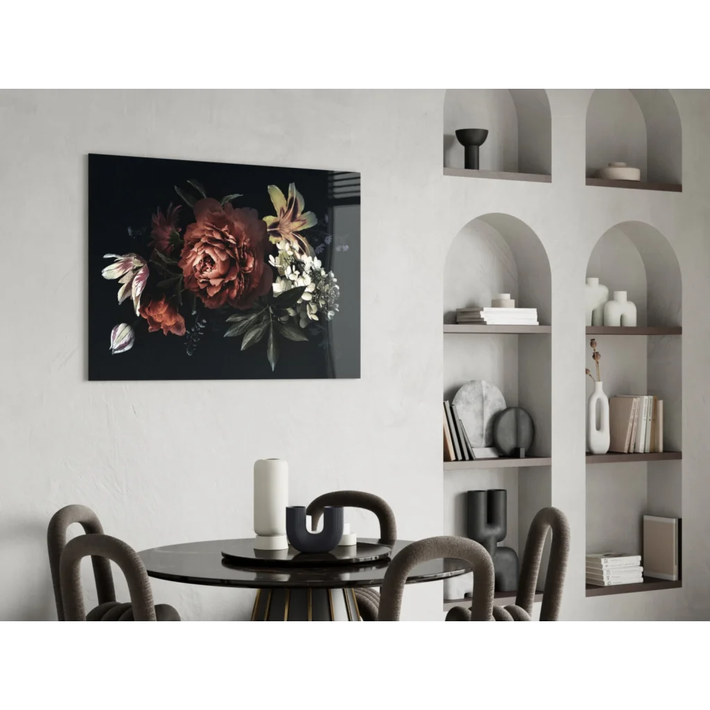 Dramatic burgundy peonies floral wall art canvas print on black background